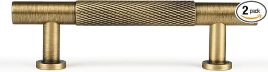 -3 Inch (76mm) Brass Knurled Kitchen Cabinet Handles,2 Pack Antique Brass Vanity Dresser Drawer Puls, Bathroom Cabinet Furniture Handles Wardrobe Furniture Door Hardware