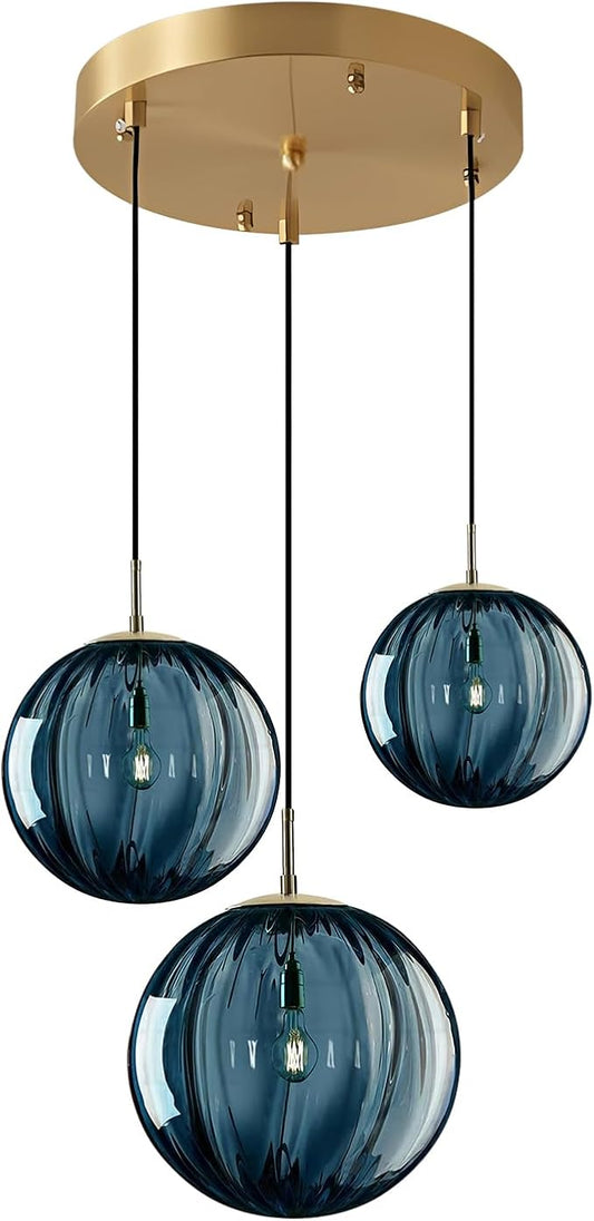 3-Light Cluster Pendant Lighting Blue Glass Chandelier Pendant Light Kitchen Island Mid Century Modern Globe Chandelier Vintage Ceiling Hanging Light Fixture