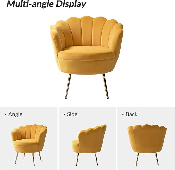 HULALA HOME Velvet Accent Chair with Shell Shaped Back, Modern Cute Living Room Bedroom Armchair with Gold Legs, Comfy Upholstered Vanity Chair for Makeup Room, Mustard
