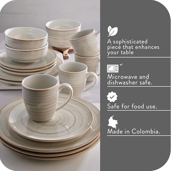 Corona 16-piece Rustic Aestethic Hand-Painted Versatile Ceramic Dinnerware Sets | Plates, Bowls and Mugs | Service For 4 | Gray Caoba
