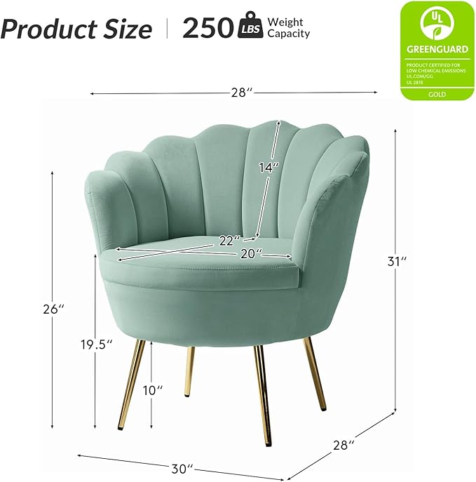 HULALA HOME Modern Velvet Accent Chair with Shell Shaped Back, Cute Living Room Bedroom Armchair with Gold Legs, Comfy Upholstered Vanity Chair for Makeup Room, Sage
