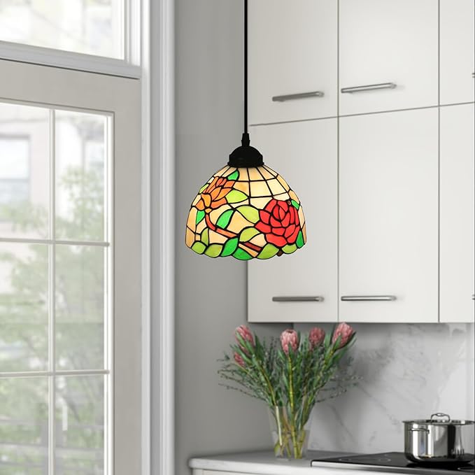 Tiffany Hanging Light 8 Inch Small Pendant Lights Stained Glass Lampshade Vintage Chandelier Light Fixture for Dining Room, Bedroom or Porch