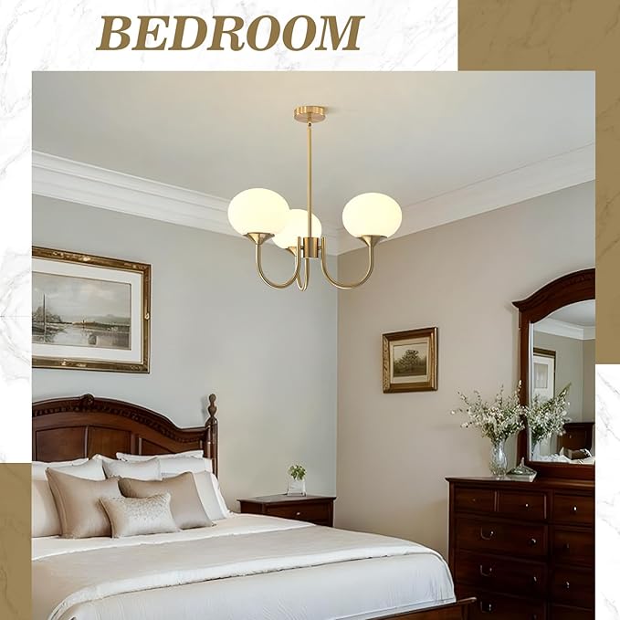BOKT Mid Century Modern Globe Sputnik Chandelier Vintage 3 Light Milk Glass Pendant Light Large White and Gold Ball Chandelier Light Brushed Brass Sputnik Hanging Light Fixture for Bedroom