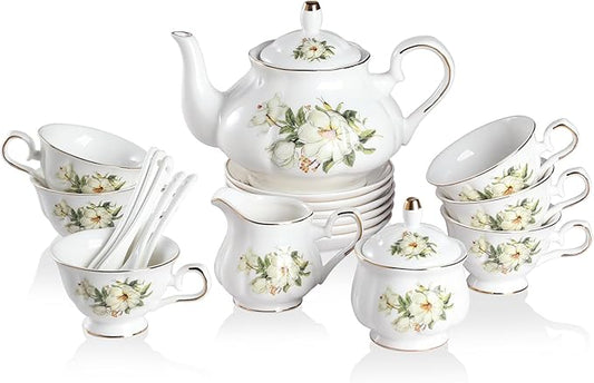 Sweejar Porcelain Tea Sets, Vintage British Floral Relief Gold Rimmed Teapot Cup and Saucer Set, Tea Set Service for 6, with Teapot, Sugar Bowl, Milk Jug, Spoons, Tea Cup and Saucer (Camellia)