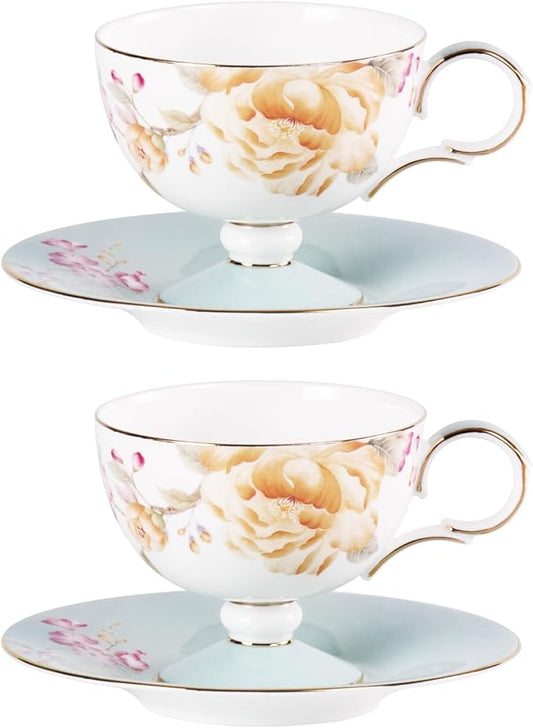 KAMMAK Ceramic Coffee Cups Saucers Set of 2, Porcelain Espresso Cups with Saucers, 7.44 oz Handcrafted Elegant Bone China Tea Cups, Yellow Peony Floral Pattern Teacup for Party, Office, Women Gift