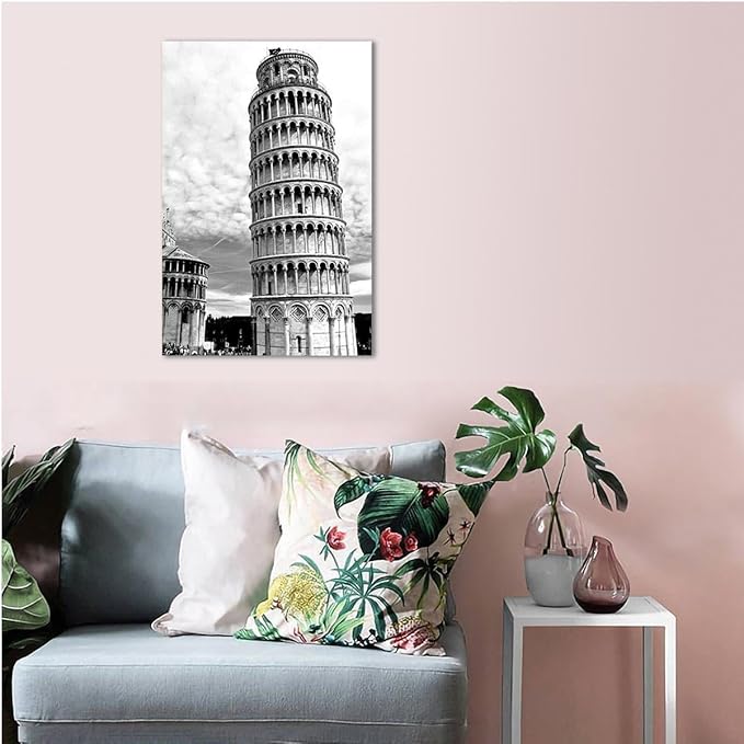 Black and White Building Wall Art, European Famous Architecture Leaning Tower of Pisa Canvas Pictures Paintings Giclee Printing Aesthetic Room for Bedroom Living Room Wall Decor Unframed 16x24in