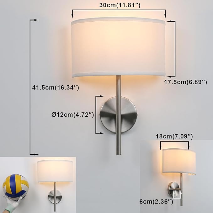 Yosoan Fabric Wall Sconce Indoor Bedside Wall Lamp Fixture, Vintage Industrial Hardwired Boho Semi Circular with White Half Moon Shade for Reading Bedroom Living Room Dinning Room(Brushed)