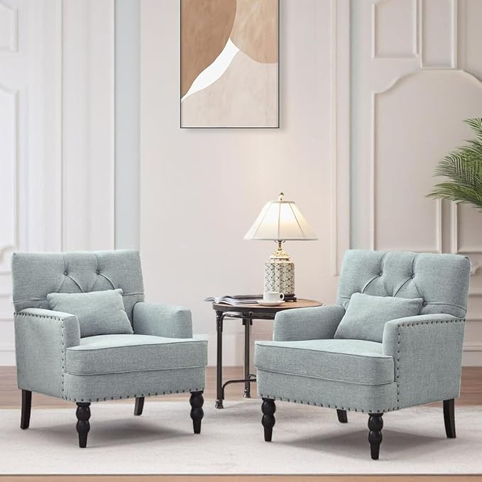 HUIMO Accent Chairs Set of 2, Living Room Chairs, Tufted Club Chair, Upholstered Armchair with Button, Fabric Sofa Chairs for Bedroom, Living Room, Mid Century Modern Reading Chairs(2,Light Blue)