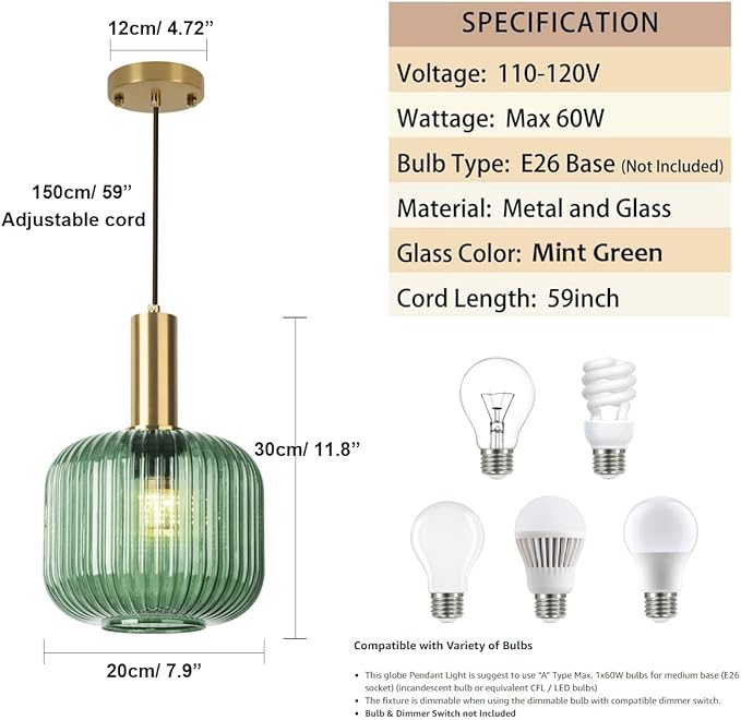 Mint Green Pendant Light 1-Light Hand Blown Glass Pendant Lamps Gold Adjustable Hanging Light Fixtures Vintage Style Small Chandelier for Kitchen Island Bedroom Dining Room