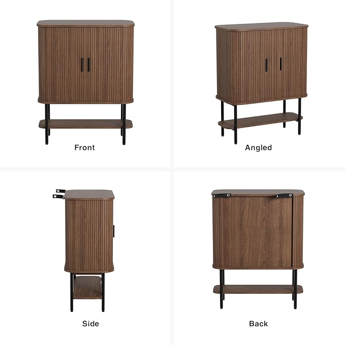 Coffee Bar Cabinet with Storage, Fluted Wine Cabinet with Sliding Doors, Glass Holder and Wine Rack, Buffet Sideboard Liquor Cabinet for Kitchen, Dining Room, Living Room, Walnut