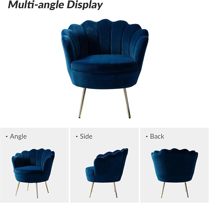 HULALA HOME Modern Velvet Accent Chairs Set of 2 with Shell Shaped Back, Cute Living Room Bedroom Armchairs with Gold Legs, Comfy Upholstered Vanity Chairs for Makeup Room, Navy