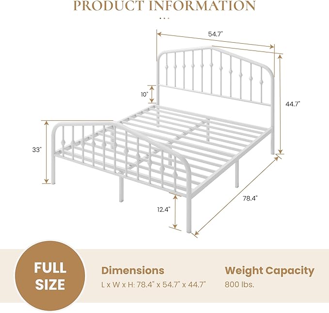 SHA CERLIN Full Size Metal Platform Bed Frame with Victorian Style Wrought Iron-Art Headboard/Footboard, No Box Spring Required, White