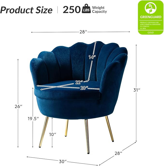 HULALA HOME Modern Velvet Accent Chairs Set of 2 with Shell Shaped Back, Cute Living Room Bedroom Armchairs with Gold Legs, Comfy Upholstered Vanity Chairs for Makeup Room, Navy