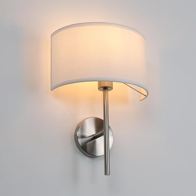 Yosoan Fabric Wall Sconce Indoor Bedside Wall Lamp Fixture, Vintage Industrial Hardwired Boho Semi Circular with White Half Moon Shade for Reading Bedroom Living Room Dinning Room(Brushed)