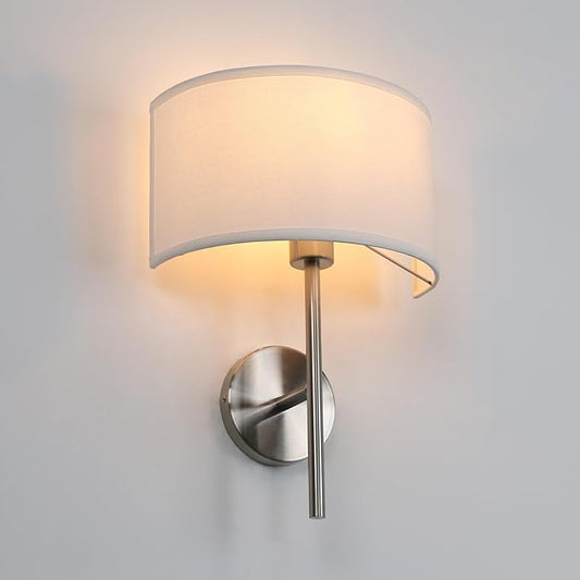 Yosoan Fabric Wall Sconce Indoor Bedside Wall Lamp Fixture, Vintage Industrial Hardwired Boho Semi Circular with White Half Moon Shade for Reading Bedroom Living Room Dinning Room(Brushed)