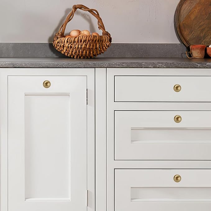 khtmeware 2 Pack 1-1/4 Inch Soild Brushed Gold Cabinet Knobs Brushed Brass Bi-Fold Door Knobs Brushed Brass Large Heavy Duty Ball Kitchen Cabinet Hardware Drawer Knobs Pulls for Drawers.