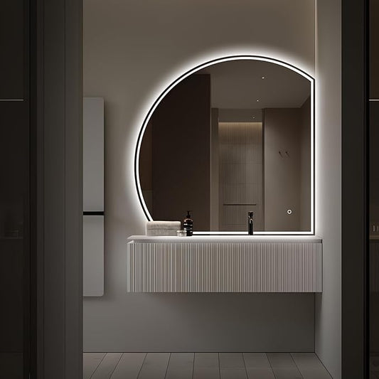 Niccy Half Moon Led Mirror for Bathroom, 32" Semi Round Backlit Mirror for Wall Lighted Mirror with Frameless 3 Color, Defogger, Explosion-Proof, HD Glass and IP65 Vanity Mirror