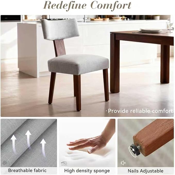 FOXHUNTER Upholstered Dining Chairs Set of 6, Modern Wooden Armless Kitchen Chairs with Curved Backrest, Mid-Century Farmhouse Dining Side Chairs, Linen Gray