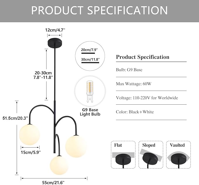 Mid Century Modern 3-Light Milk Glass Chandelier Black Globe Pendant Lights Kitchen Island White Frosted Glass Chandelier Farmhouse Vintage Dining Room Light Fixtures