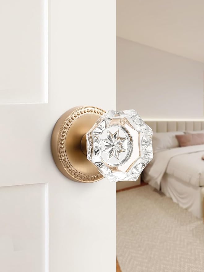 1 Pack Champagne Bronze Door Knobs Crystal Door Knob Passage Door Knobs Glass Interior Door Knob for Hall and Closet Zinc Alloy