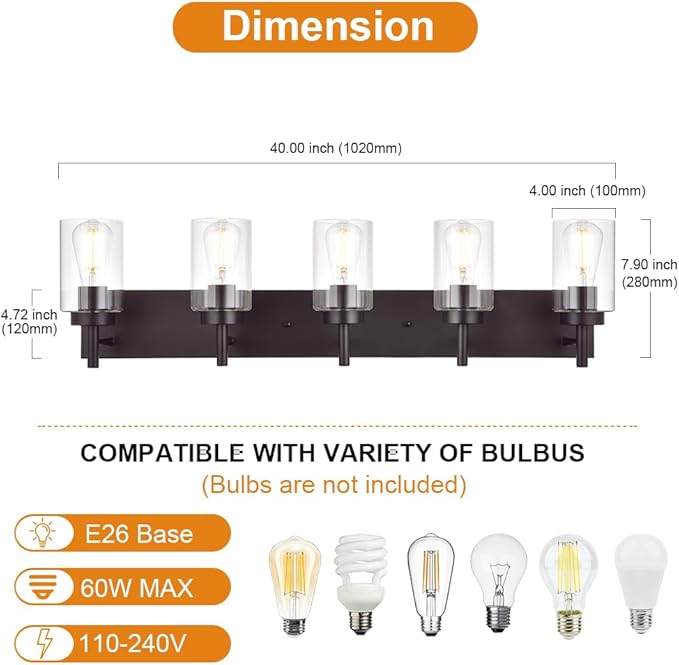 VINLUZ 5 Lights Bathroom Vanity Light Fixture Oil Rubbed Bronze Sconces Wall Lighting Modern Industrial Indoor Wall Mounted Lamp Farmhouse for Kitchen Hallway (Patent No.: US D958,438 S)
