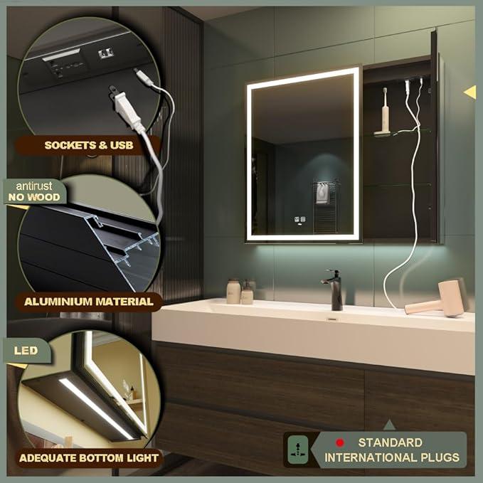 LED Lighted Bathroom Medicine Mirror Cabinet with Sockets & USBs, Anti-Fog Dimmable Light and Color Adjustment, Antirust and Easy to Install Aluminum Cabinet (30 * 28 inch