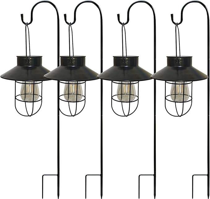 Solar Lanterns Outdoor Waterproof,4pack Hanging Solar Lights Lantern Lamp with Shepherd Hook, Metal Waterproof Edison Bulb Lights for Garden Outdoor Pathway