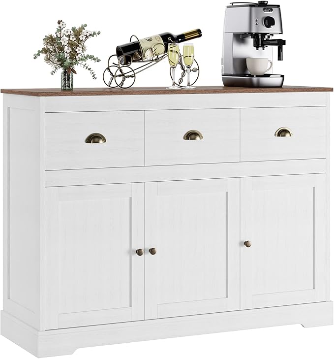 Keyluv Buffet Cabinet Storage Kitchen Sideboard Farmhouse Buffet Server Bar Wine Cabinet with 3 Drawers & 3 Doors Adjustable Shelves Console Table for Dining Living Room Cupboard, Antique White
