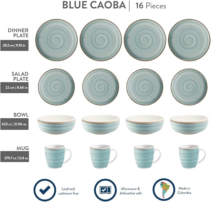 Corona 16-piece Rustic and Modern Hand-Painted Details Ceramic Dinnerware Sets, Plates, Bowls and Mugs, Service For 4, Blue Caoba