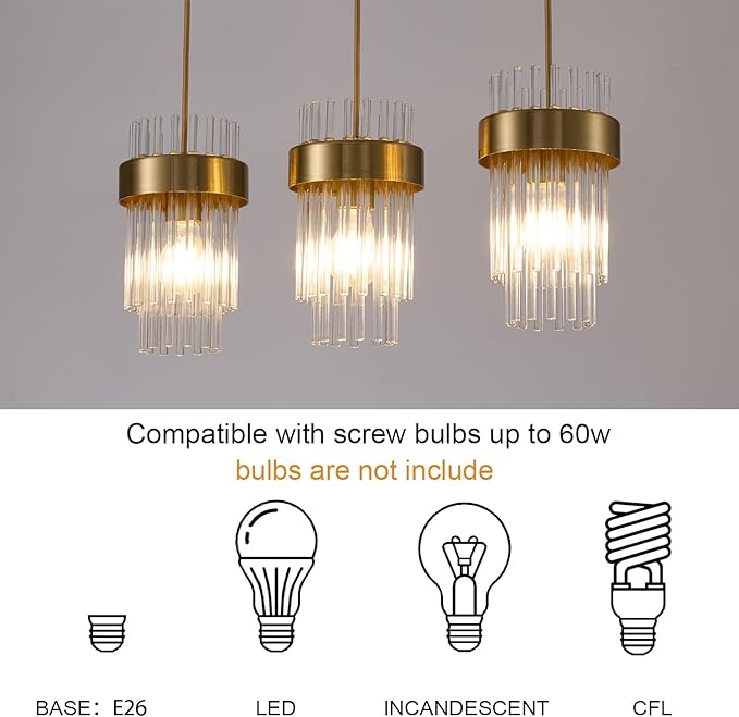 Dijiahua Gold 3-Light Pendant Lights Kitchen Island Over Table, Modern Crystal Brushed Brass Linear Chandeliers,Adjustable Cord Hanging Counter Lamp Fixture for Dinning Room,Sink