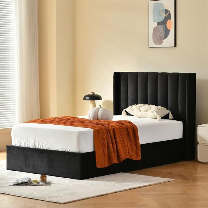 YUHUASHI Queen Size Hydraulic Storage Bed, Upholstered Platform Bed Frame, Modern Wingback Design Headboard, Velvet Fabric with Hydraulic Support Bars, No Box Spring Required (Black, Twin)