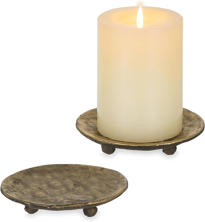 Cast Iron Candle Holder: 4.6 in Pillar Gold Candle Plate Brass Pedestal Stand Vintage Decorative Tray for 3 Wick Jar Candles Tealight Votive for Table Home Christmas Set of 2