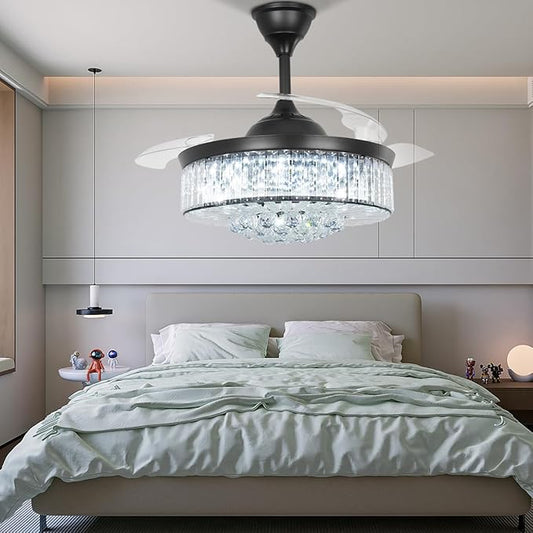 42'' Fandelier Ceiling Fans with Lights and Remote,Gold Semi Flush Mount Fan Light,Low Profile Ceiling Fans,Retractable Crystal Chandelier Fan（Crystal Black）