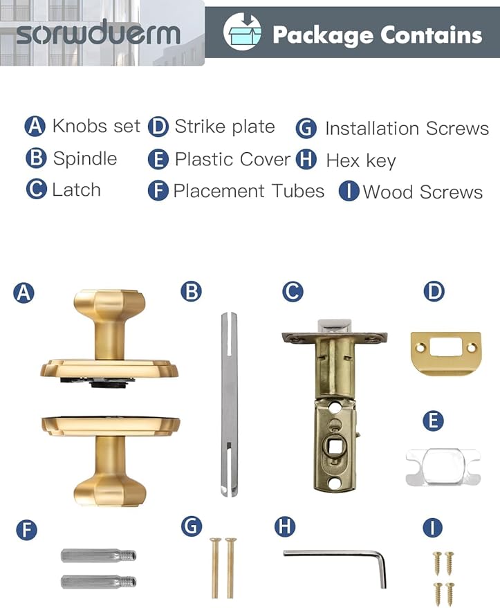 1 Pack Gold Door Knobs Passage Door Knobs Brushed Gold Interior Satin Brass Door Knob for Hall and Closet,Zinc Alloy