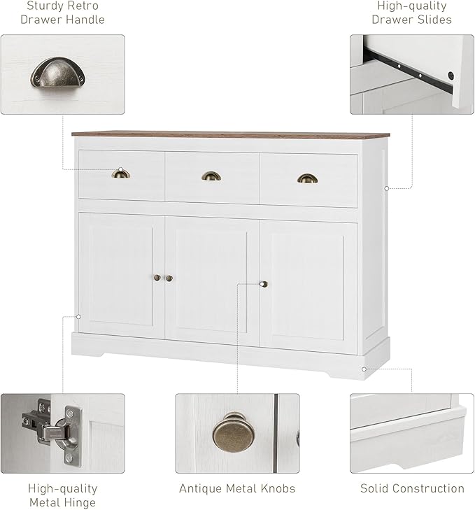 Keyluv Buffet Cabinet Storage Kitchen Sideboard Farmhouse Buffet Server Bar Wine Cabinet with 3 Drawers & 3 Doors Adjustable Shelves Console Table for Dining Living Room Cupboard, Antique White