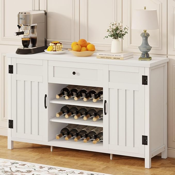 FATORRI Modern Sideboard Buffet Cabinet with Storage, Coffee Bar Cabinet for Home Liquor, Wine Cabinets with Doors & Drawer, Kitchen Storage Cupboard with Wine Rack (White Oak)