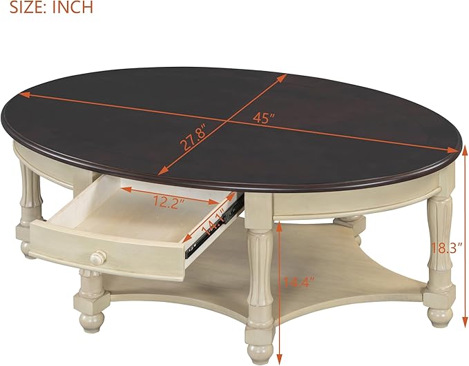 Vintage Oval Coffee Table with Drawer & Storage Shelf, 45" French Country Cocktail Table, Solid Rubber Wood Construction, Antique Carved Design for Living Room (Beige)