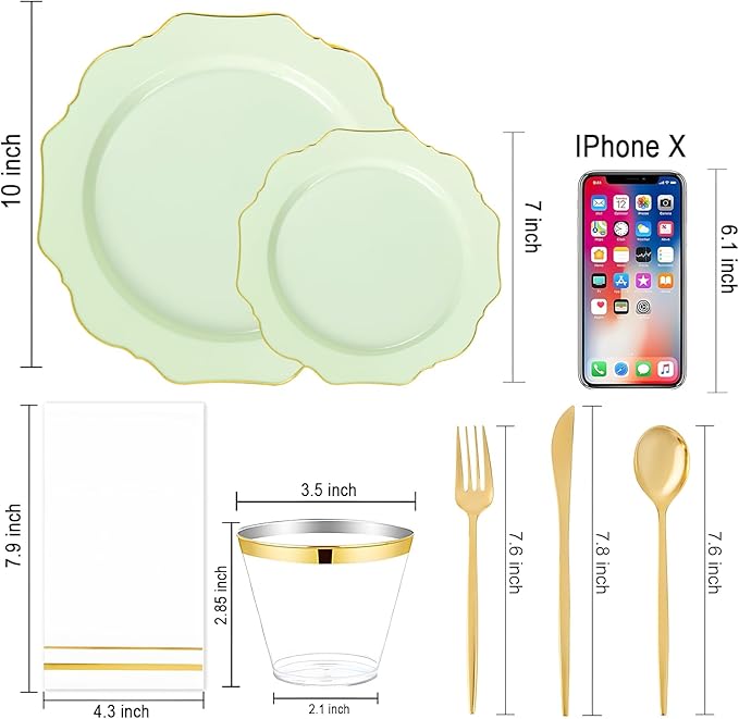 WDF 175Pcs Sage Green Plastic Plates With Gold Rim - Disposable Sage Green Plates 25guest Disposable Dinnerware Ideal for Party/Wedding/Spring Party