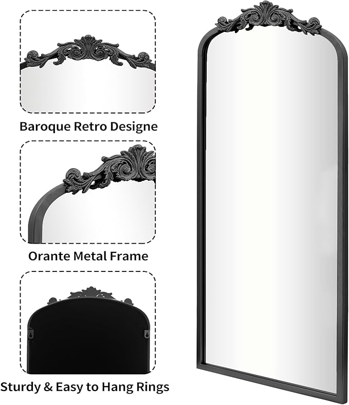 Vintage Black Antique Arched Full Length Floor Mirror 22"X65",Traditional Elegant Baroque Floor Body Mirror with Ornate Matel Frame,French Wall Mirror for Dressing/Living Room/Hallway