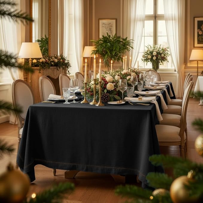 D'Moksha Homes Black Linen Tablecloth 60 x 156 Inch - 100% Pure Linen Black Tablecloth for Rectangle Tables - Classic Hemstitch, Machine Washable Table Cloth for Winter, Christmas, Holiday