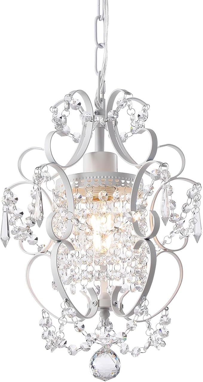 Mini Chandelier(1-Light,11-inch), White Crystal Chandelier Iron Ceiling Light Fixture,Small Crystal Chandeliers for Hallway,Foyer,Girls Room,Dining Room