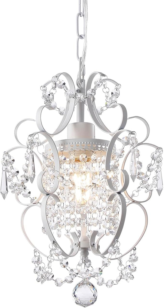 Mini Chandelier(1-Light,11-inch), White Crystal Chandelier Iron Ceiling Light Fixture,Small Crystal Chandeliers for Hallway,Foyer,Girls Room,Dining Room