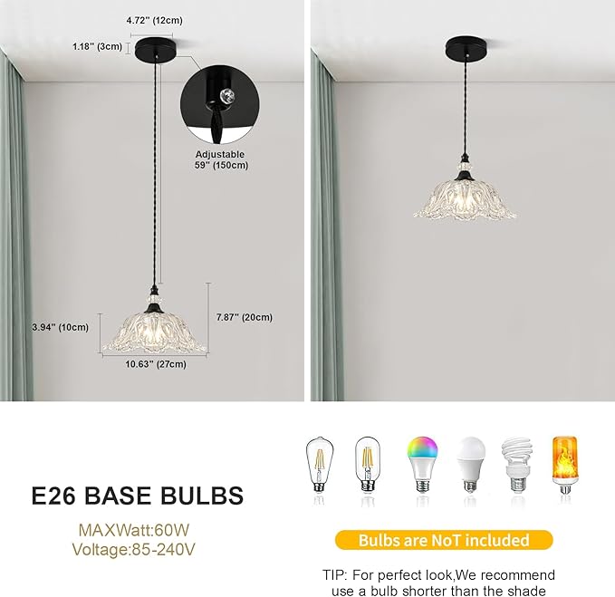 1 Piece Black Chandelier Light Fixtures with Glass Shade, Black Farmhouse Pendant Light,Hanging Light for Kitchen Island Room,Hallway,Living Room,Bedroom