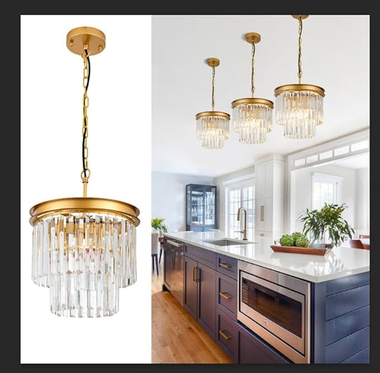 11.8" Gold Crystal Pendant Light, Modern 3-Light Chandelier, 2-Tier Luxury Crystal Hanging Ceiling Light Fixture for Hallway Dining Room Living Room Bedroom Kitchen Island 1-Pack