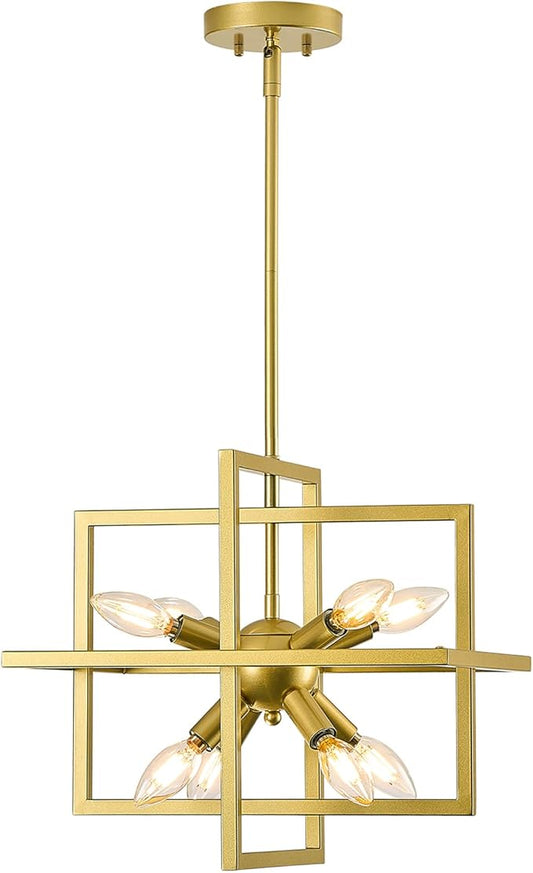 Modern Small Square Gold Chandelier, 8-Light Farmhouse Geometric Pendant Lighting Fixtures, Industrial Lantern Hanging Chandelier for Kitchen Dining Room Foyer Entryway