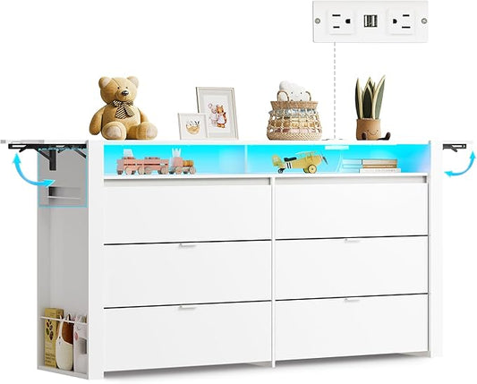 WLIVE 78 Inch Dresser for Bedroom, Large Chest of Drawers Expandable White Wood Dresser from 5'3" to 6'5'' with Flexible Shelves and Hanging Rack, Led Dressers for Living Room (85'' TV)