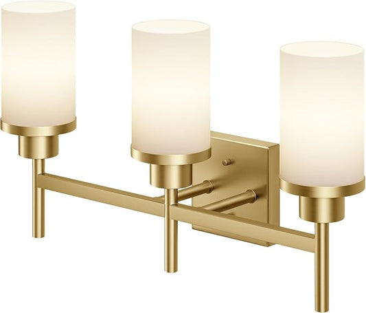 Bathrom Light Fixtures Modern Gold 3 Vanity Lights Over Mirror, Wall Lamps with White Frosted Glass Shade for Toilet Washroom Bath T001GD-L3