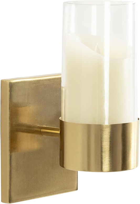 Kate and Laurel Zabler Modern Metal Wall Sconce, 5 x 6 x 10, Gold, Round Candle Holder with Removable Glass Cylinder for Flameless Candle Display in Bedroom or Bathroom