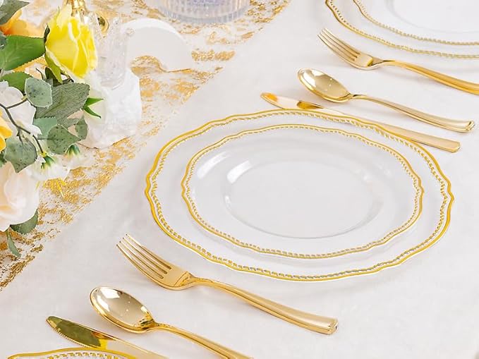 Hioasis 60pcs Clear Plastic Plates - Clear and Gold Disposable Dinnerware with Gold Rim, Heavy-duty, 10.25 inch, Dinner Plates for Party & Wedding