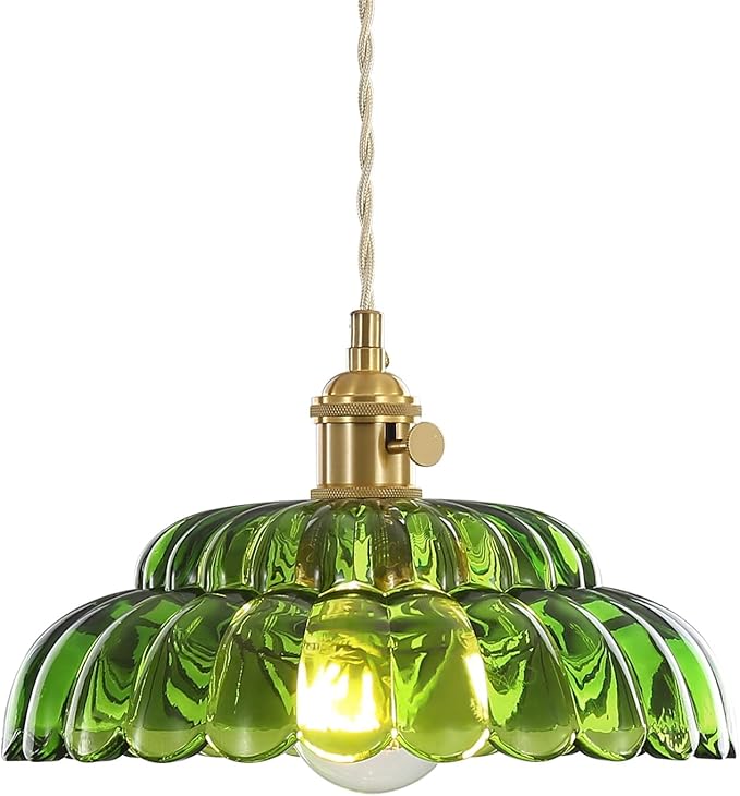 1 Pack Pendant Light with Lotus Green Glass Lampshade, Brass Vintage Pendant Light, Adjustable Hanging Light, for Kitchen Island Dining Room Hallway, E26 Socket (Bulbs Not Included)